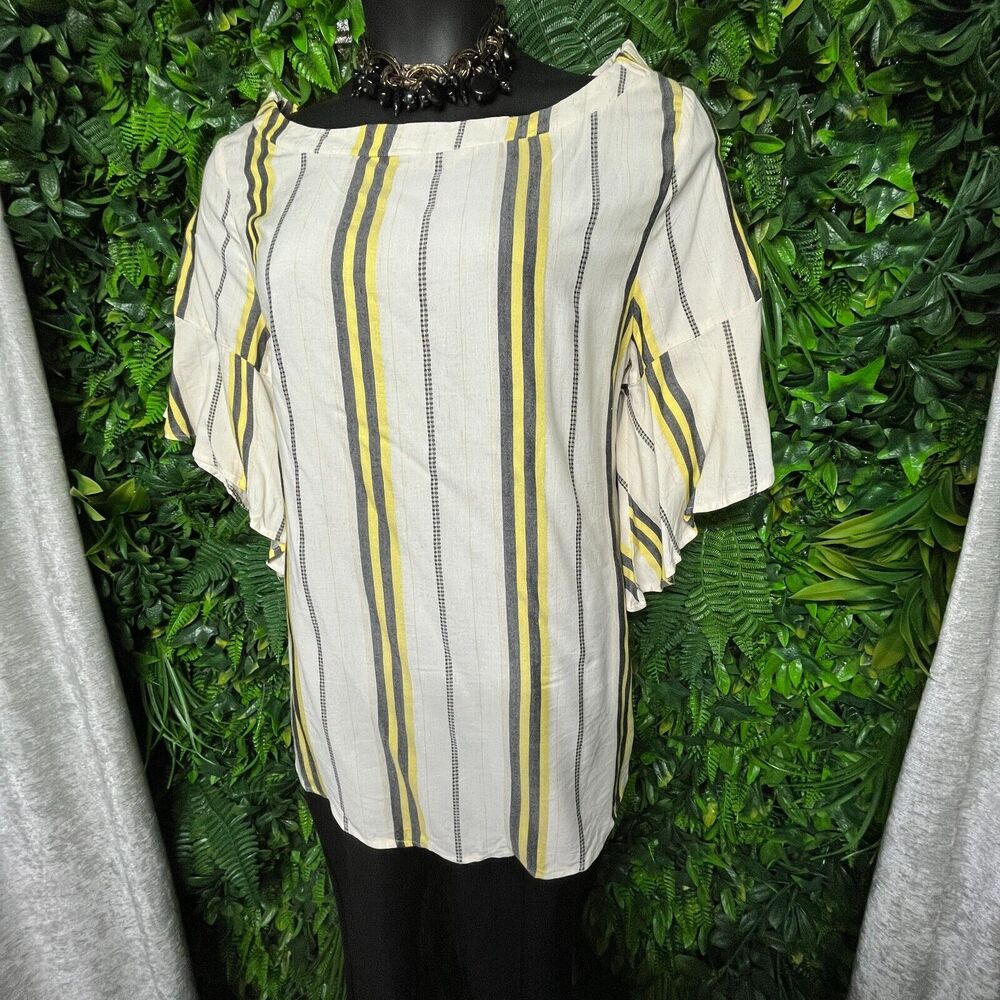 Women Tops 2X Beige Blouse Striped Print Ruffle Sleeve Verxy 1507 - Picture 2 of 9